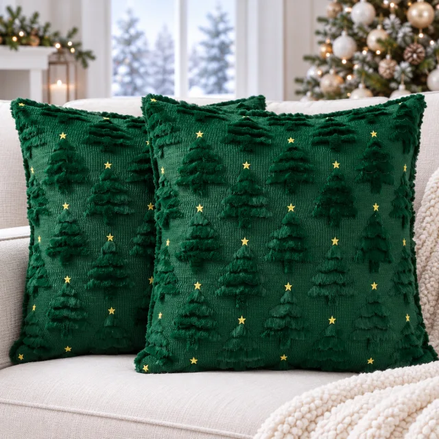 Green Xmas Tree Pillow Covers, 18x18 Set of 2
