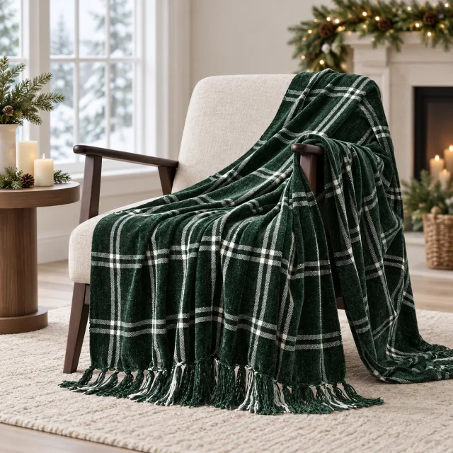 Plaid Chenille Knit Throw Blanket, 50x60 Dark Green and White