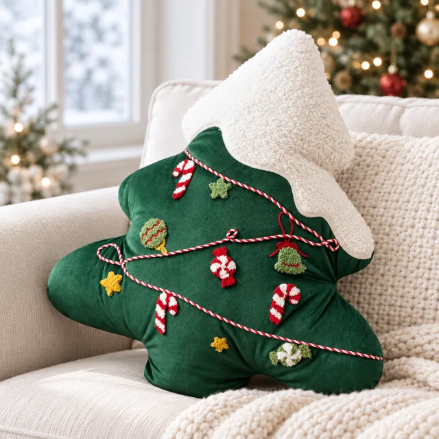 Merry Christmas Tree Shaped Pillow with White Teddy