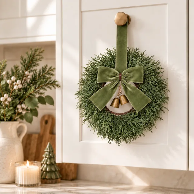 Mini Christmas Wreaths with Olive Velvet Bows, Set of 4
