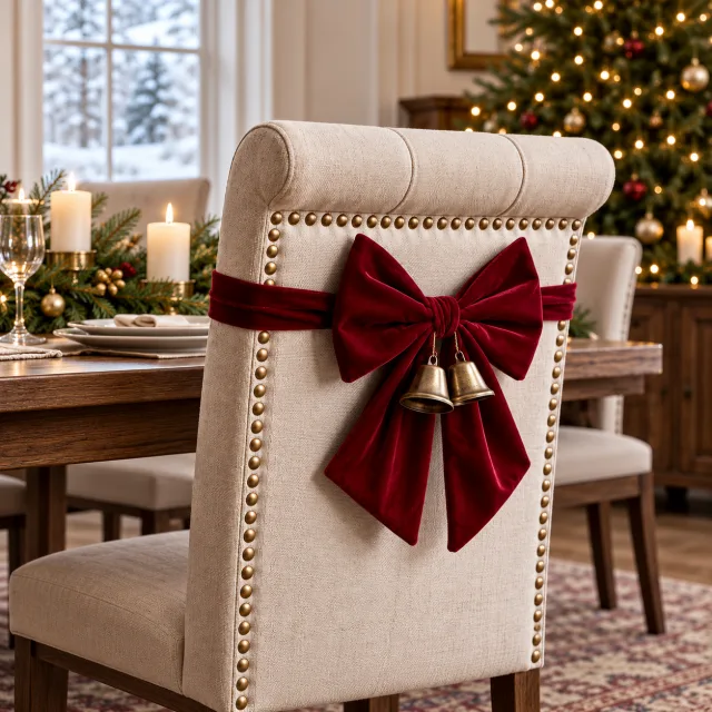 4 Set Red Velvet Christmas Chair Bows with Bells