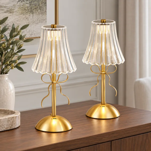 Cordless Rose Bow Table Lamps, Gold, Set of 2