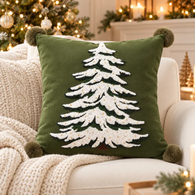 Embroidered Christmas Tree Pillow Cover, 18x18 Green
