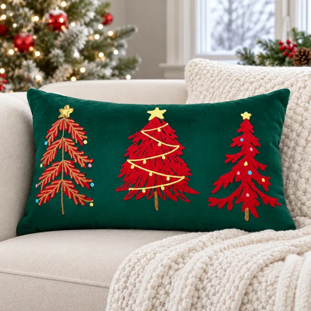 Green Velvet Embroidery Christmas Pillow Cover, 12x20