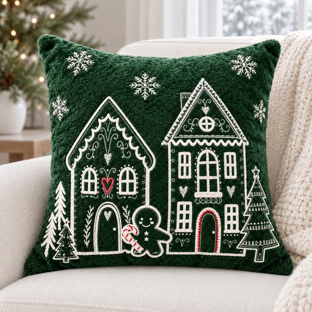 Embroidered Gingerbread Village Plush Pillow Cover