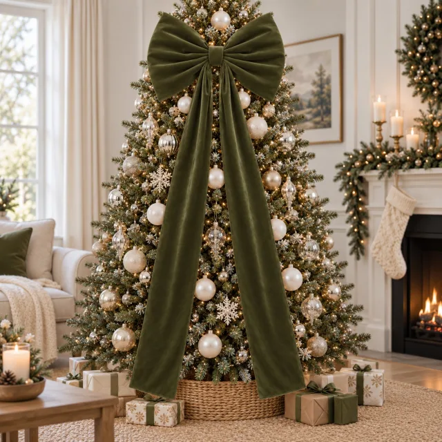 Large Christmas Velvet Bow, 20x71 in Moss Green