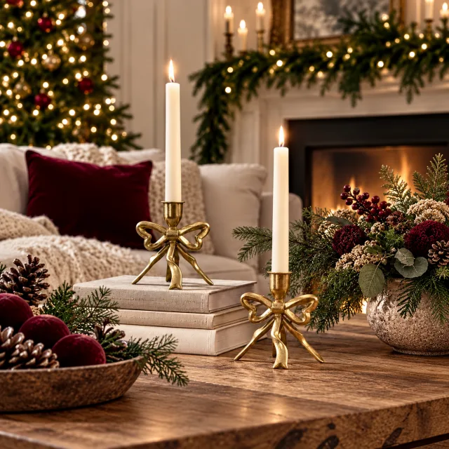 Gold Bow Taper Candle Holder