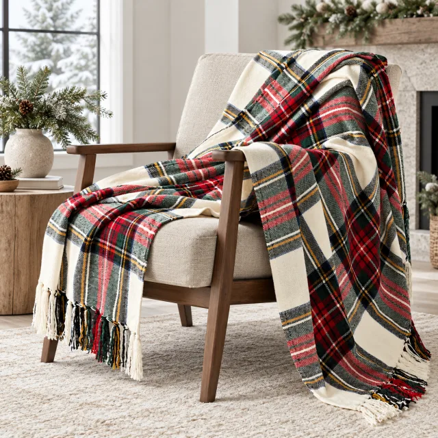 Chenille Christmas Throw Blanket, 50x60 White Stewart Plaid