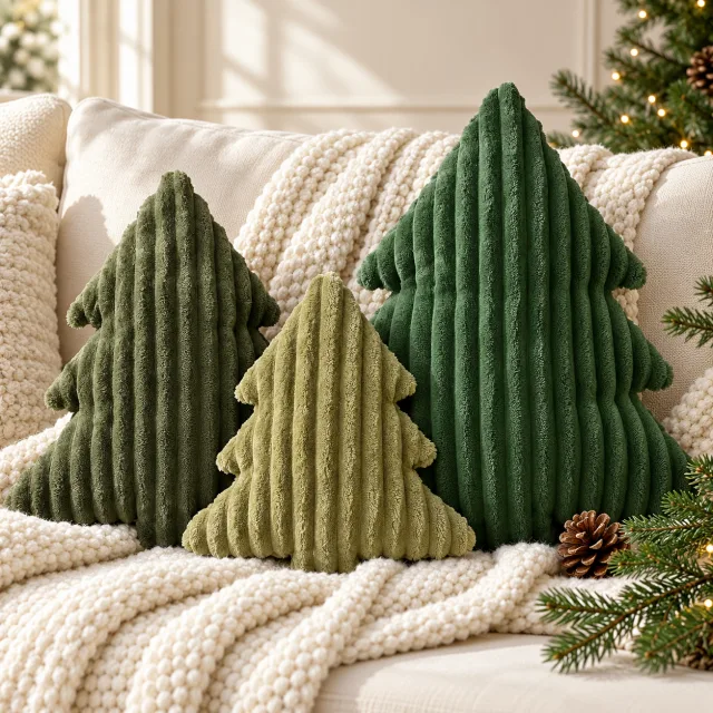 Green Velvet Christmas Tree Shaped Pillows, Set of 3