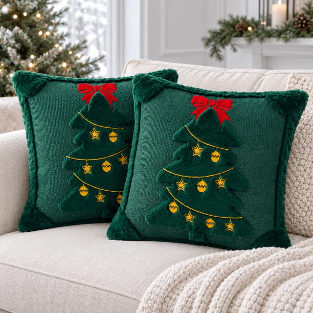 Embroidered Bow Christmas Tree Pillow Covers, 18x18