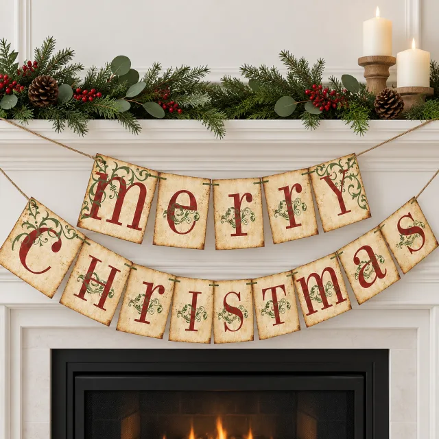 Vintage Merry Christmas Banner for Home Decor
