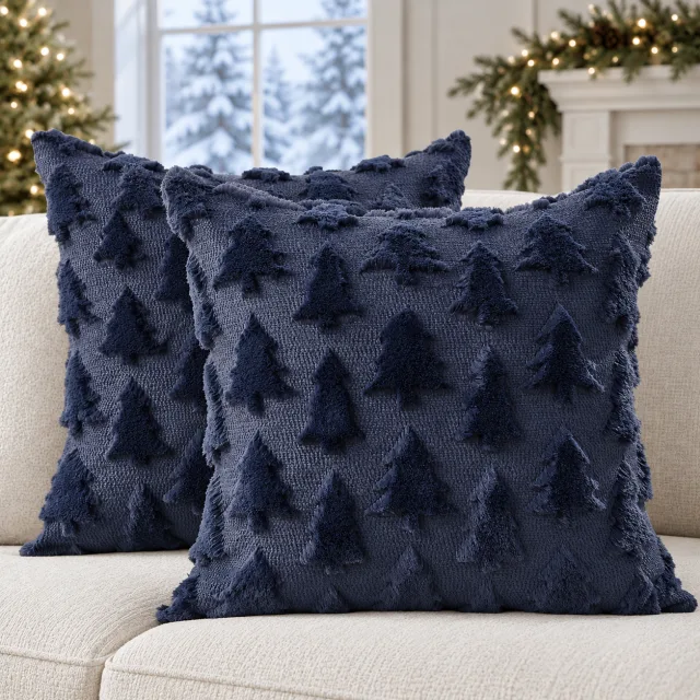 Christmas Tree Pillow Covers, 18x18 Set of 2 Navy Blue