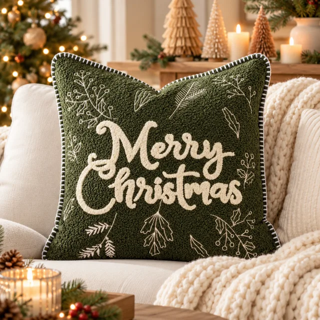 Embroidered Merry Christmas Pillow Cover, 18x18 Olive