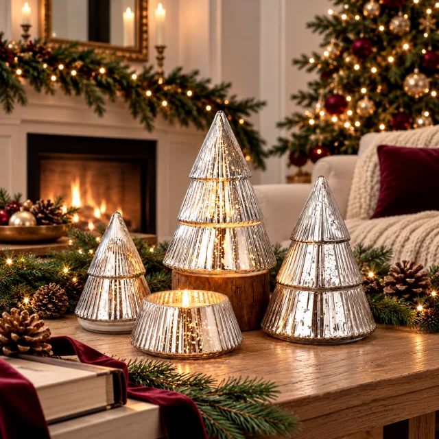 Vesici 3 Pcs Christmas Tree Candle Jars, Mercury Glass