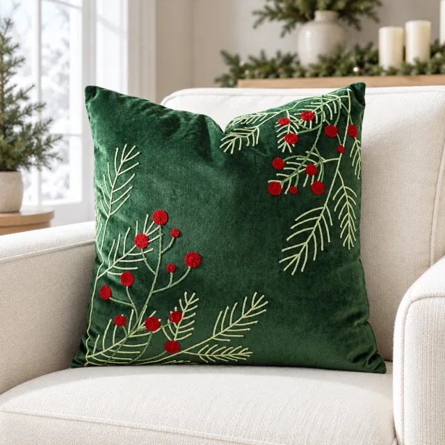 Embroidered Christmas Pillow Cover, 18x18 Forest Green