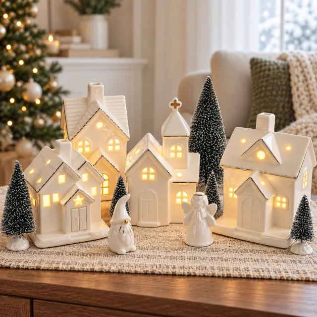 Christmas Village Sets, 12 Pcs Village Houses with LED Light