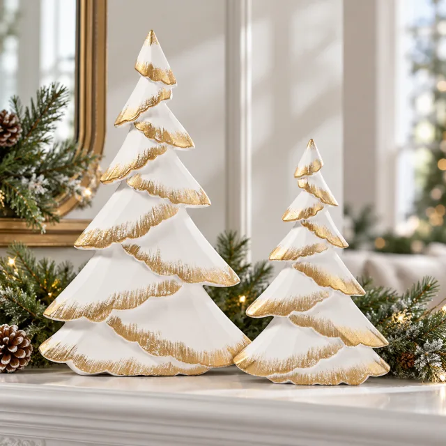 White and Gold Wood Tree Figurines