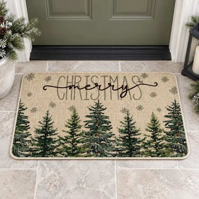 Pine Trees & Snowflakes Merry Christmas Doormat
