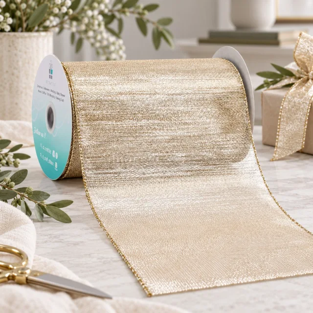 Champagne Gold Metallic Wired Ribbon, 6 inch x 10 Yards
