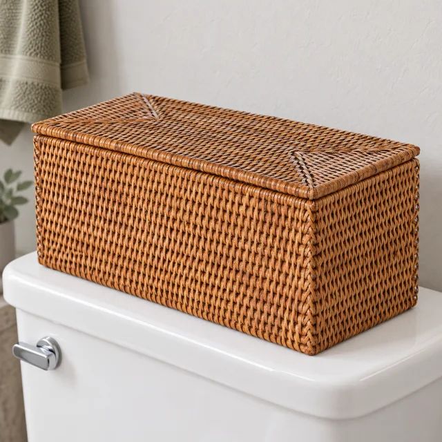 Rattan Toilet Roll Holder Storage Box, Honey Brown
