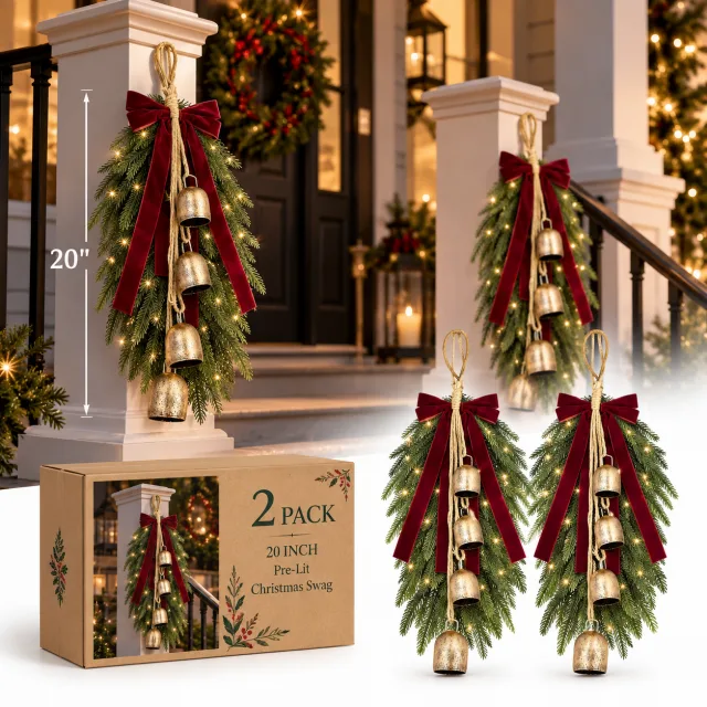 2 Pieces 20 Inch Christmas Teardrop Swag, Burgundy Bow