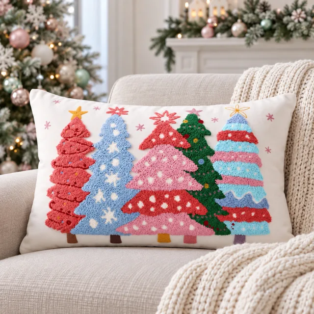 Pink Pastel Embroidered Christmas Lumbar Pillow Covers, 12x20