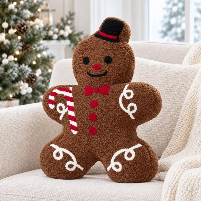 Plush Teddy Sherpa Mr. Gingerbread Christmas Pillow