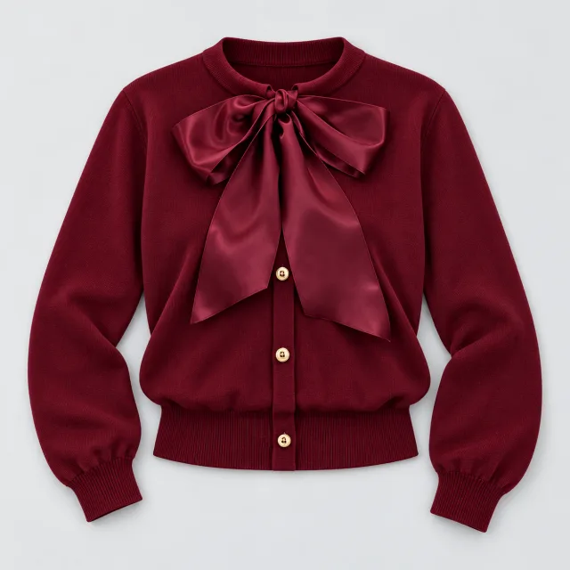 Women's Satin Bow Neck Knit Cardigan Sweater