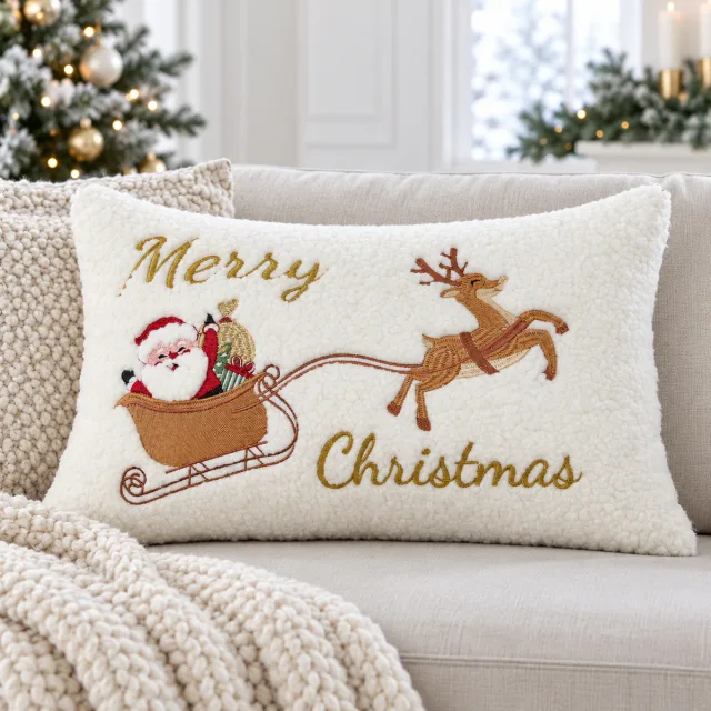 Santa Claus Reindeer Sleigh Embroidered Pillow Cover, 12x20