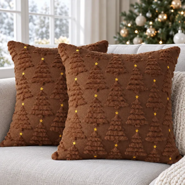Winter Star Christmas Tree Plush Pillow Covers, 18x18 Set of 2