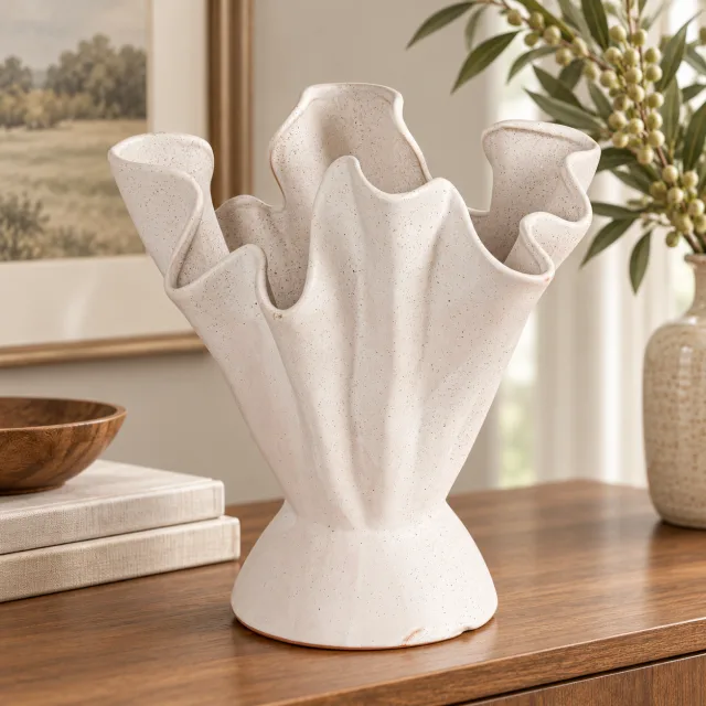 Bloomingville Stoneware Ruffled Vase, Matte Cream