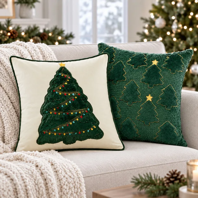 Plush 3D Christmas Tree Pillow Covers, 18x18 Set of 2 Green