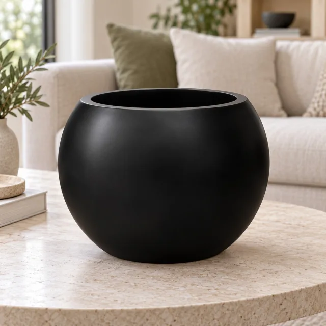 DEPLA LANE Marlo Fiberstone Round Planter, Smooth Matte Finishes (S, Black)
