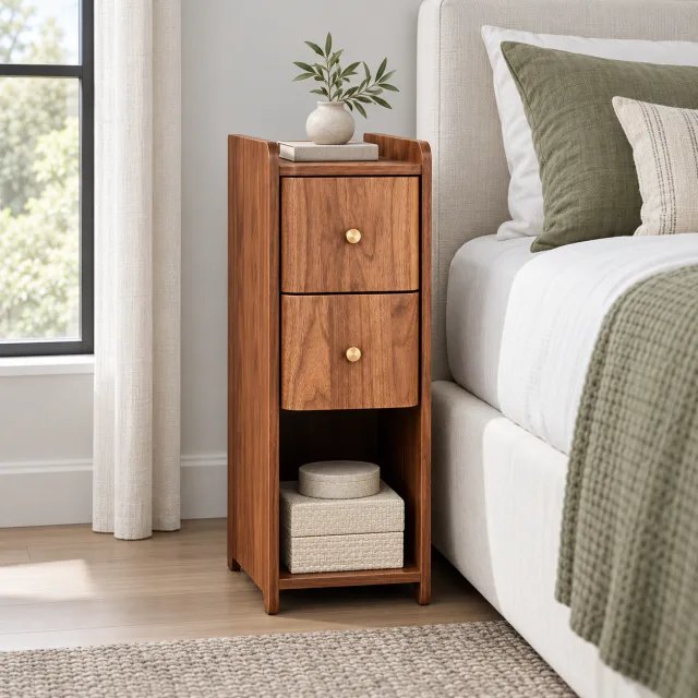 Narrow Wooden 2-Drawer Nightstand, Walnut