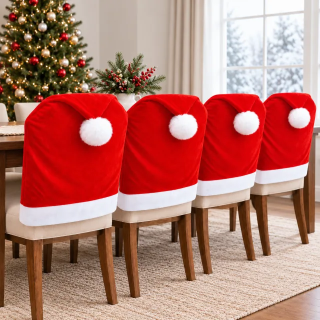 RJVW Christmas Chair Covers of 4, Santa Hat