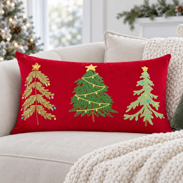 Red Velvet Embroidery Christmas Pillow Cover, 12x20