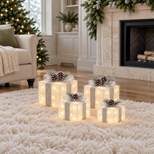Set of 4 Lighted Christmas Gift Boxes, Battery Operated