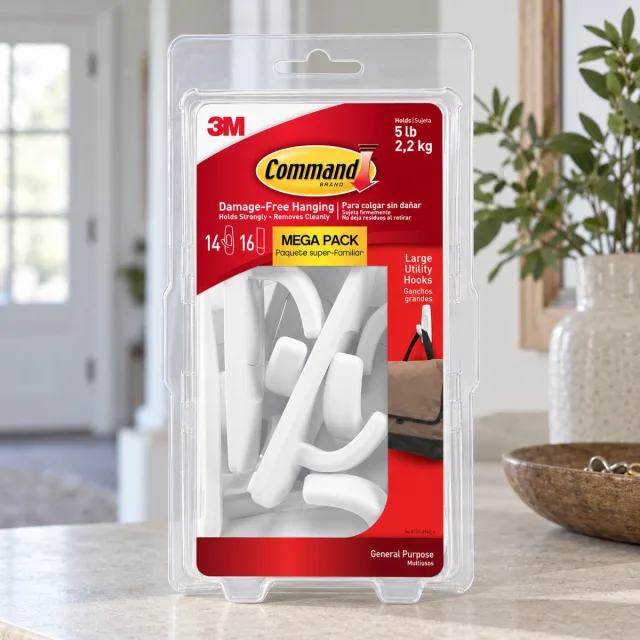 Command Large White Hooks, 14 Hooks, 16 Strips