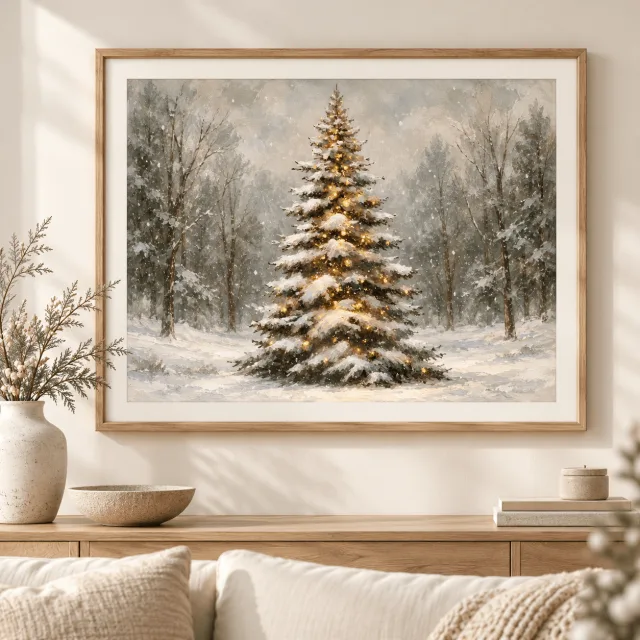 Christmas Tree Wall Art Printable, Snowy Winter Landscape