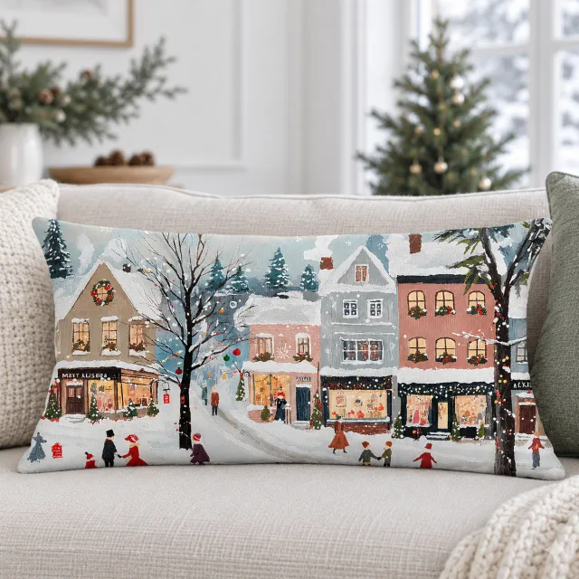 Vintage Snowy Village Double-Sided Pillow Covers, 12x20 Rust