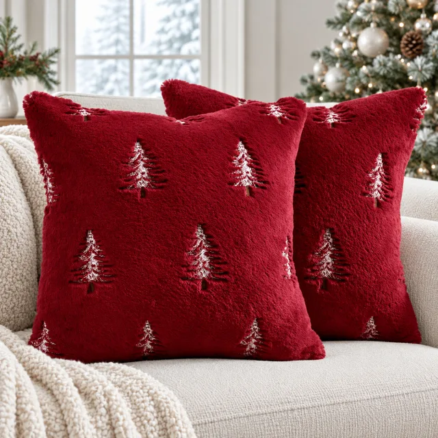 Faux Fur Christmas Pillow Covers, 18x18 Burgundy Red White