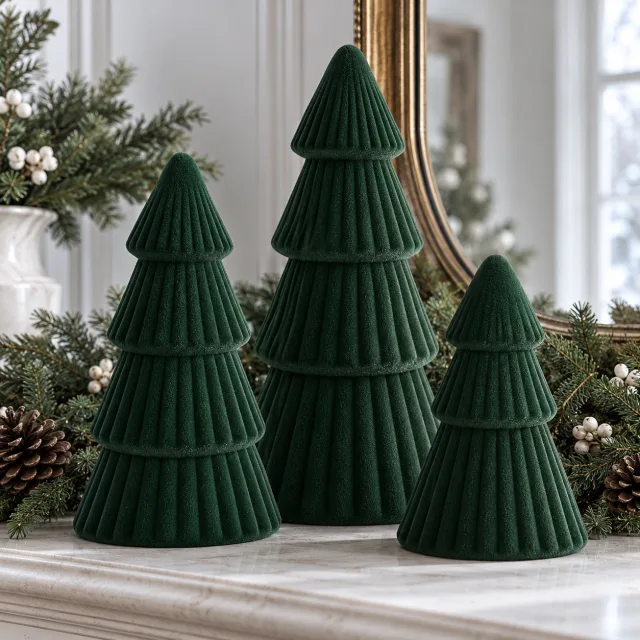 Green Velvet Ceramic Christmas Trees, Set of 3